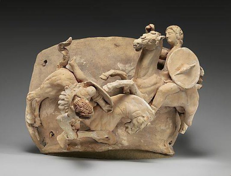 Галатский всадник выбивает из седла своего противника. Терракотовый рельеф с вазы из Каносы. Конец III века до н. э.