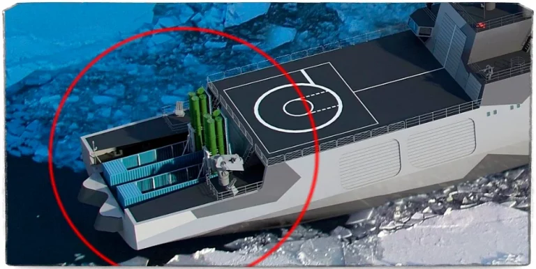       В кадре модульный отсек, отведённый под вооружение. Судя по фото выше он никуда не делся, хотя некоторые источники указывают на расширение авиагруппы корабля именно за счёт этого элемента.