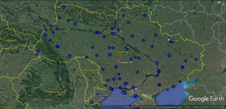  Схема расположения радиолокационных постов на территории Украины по состоянию на 2013 год, составленная на основе спутниковых снимков Google Earth