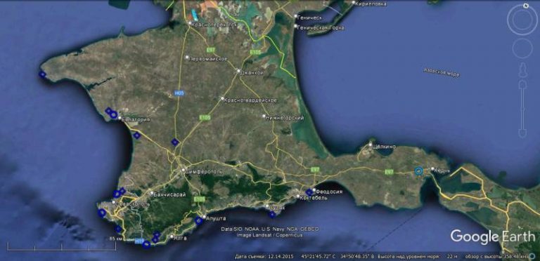  Схема расположения радиолокационных постов на территории Крымского полуострова по состоянию на 2013 год, составленная на основе спутниковых снимков Google Earth