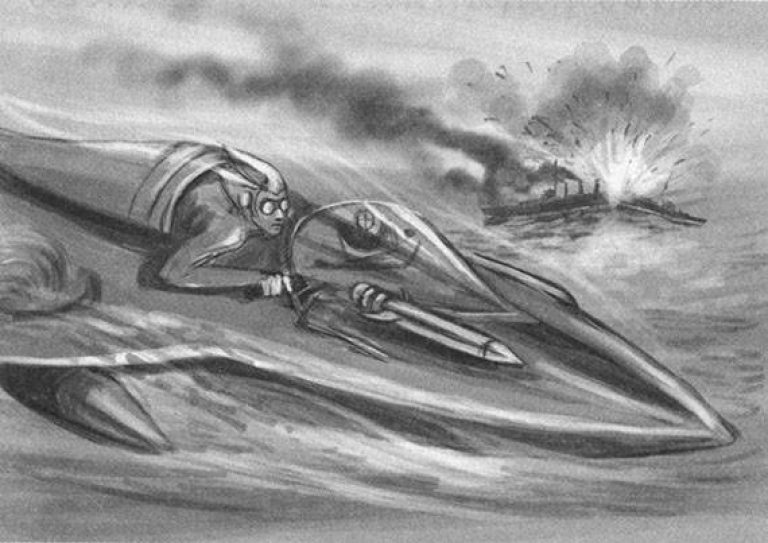 Торпедист-подводник Иктанер на своём скоростном подводном аппарате. Иллюстрация из книги (кстати, её сегодня можно прочитать, она есть в Сети) «Иктанер и Моизетта»Торпедист-подводник Иктанер на своём скоростном подводном аппарате. Иллюстрация из книги (кстати, её сегодня можно прочитать, она есть в Сети) «Иктанер и Моизетта»