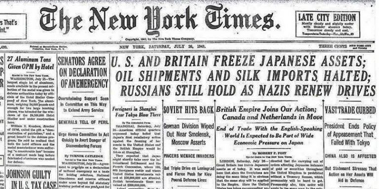   «Нью-Йорк Таймс» от 26 июля 1941 г. с заголовком об экономических санкциях против Японии.
