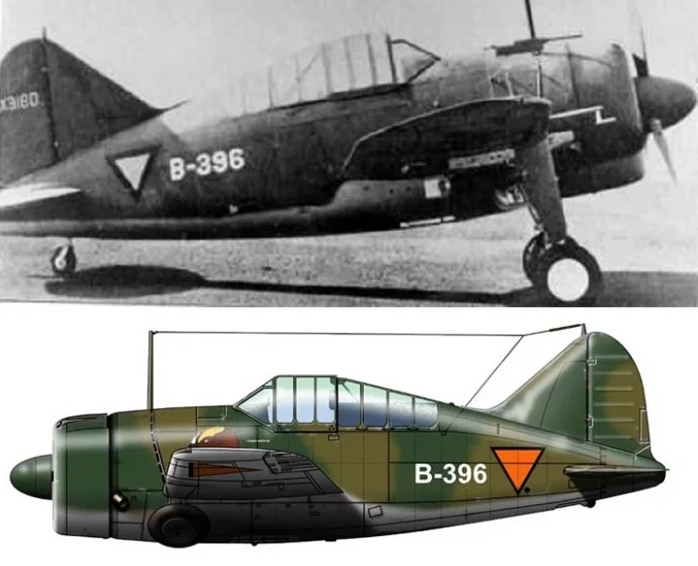       Brewster 339D командира эскадрильи 2-VlG-V капитана Якоба Ван Хельсдингена (J.P. van Helsdingen). Пилот с тремя заявками на победы (ни одна не подтверждается японцами) погиб 7-го марта 42-го года, в свой 35-ый день рождения, в бою с "Зеро". Под крыльями видны пилоны для подвески бомб, странная штука на носовой части - фотопулемет.