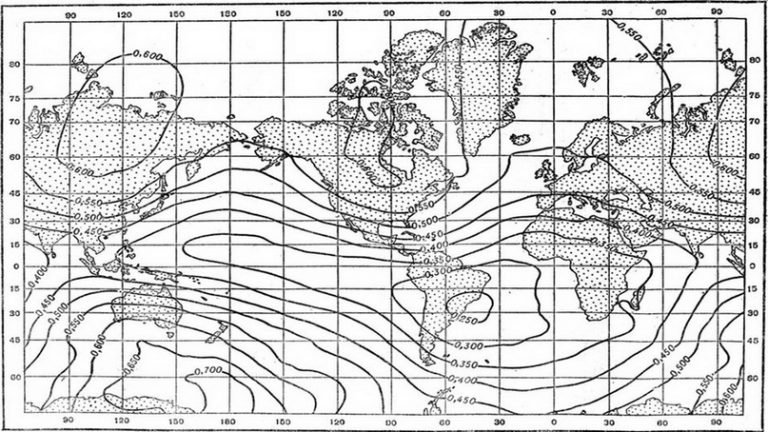  Карта напряжённости магнитного поля Земли (в эрстедах) на 1955 г.