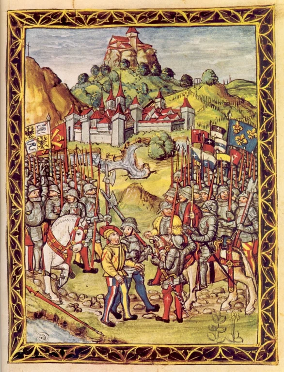 Швейцарские наёмники сдают Лодовико Сфорца французам. Миниатюра из Хроники Люцерна, 1513 год.