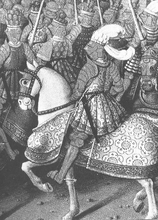 Французские королевские конные жандармы - так выглядела тяжёлая кавалерия французов на 1495 год - время появления этой гравюры.