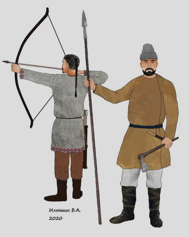 Пешие черемисские воины. Рисунок Б.А. Илюшина