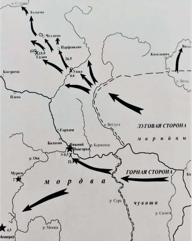  Карта казанского вторжения в восточные уезды Московского государства, 1521 год