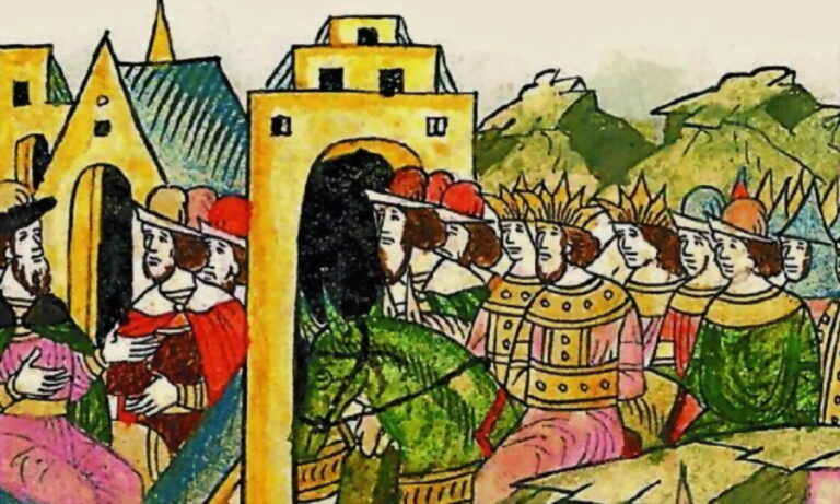 Казанский хан Ильхам (Али Хан) сдается воеводам Ивана III в 1487 году. Фрагмент летописной миниатюры
