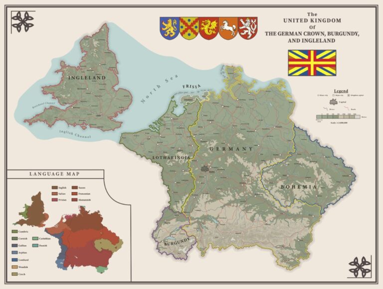 Карта Объединённого королевства Германии, Англии, Лотарингии, Богемии и Бургундии на конец 10 века