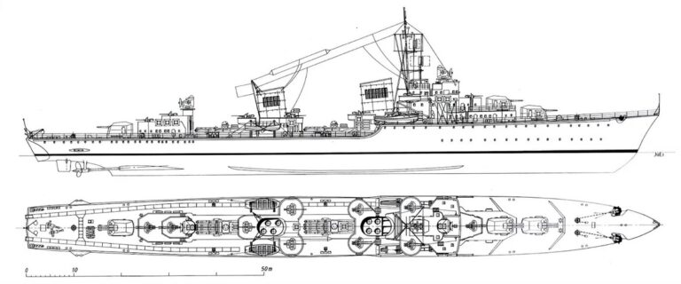 Эскиз и внешний вид эсминца проекта проекта «1944» (вариант С), вооруженного шестью 12,7-см орудиями SK C/41 в трех двухорудийных башнях модели LC/41, расположенных по погонной схеме