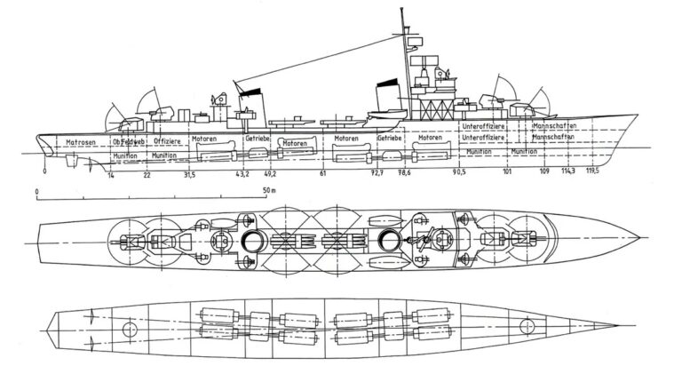 Эскиз эсминца — черновик проекта «1944» (вариант В), представленный в 1943 году. Был забракован из-за слабого состава вооружения.