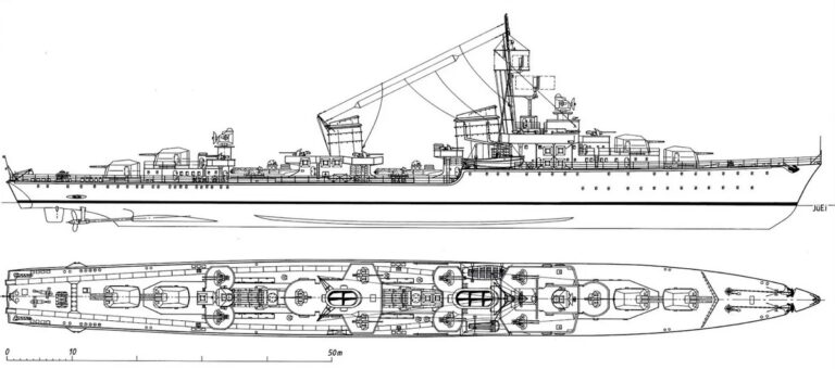 Эскиз корабля и предполагаемый внешний вид эсминца проекта «1945», вооруженного восемью 127-мм/45 орудиями SK C/41 в четырёх двухорудийных башнях модели LC/41.