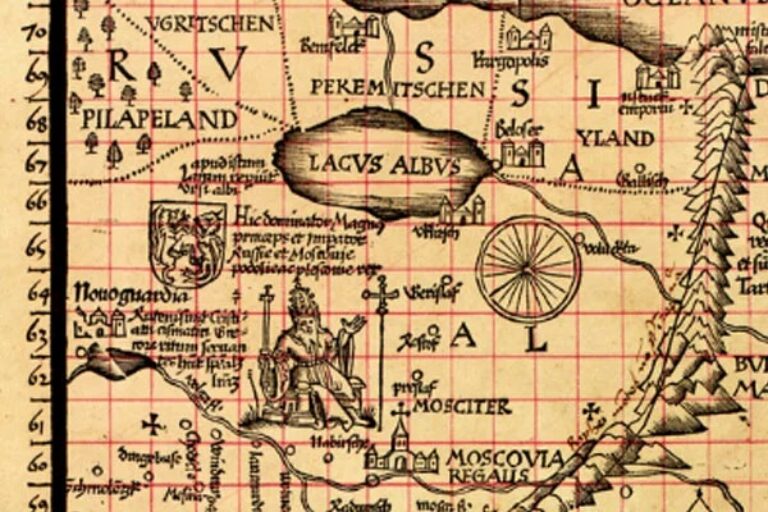 Карта Мартина Вальдзеемюллера. В районе города Великого Новгорода изображен герб с двумя животными друг напротив друга. Звери очень похожи на льва и дракона.