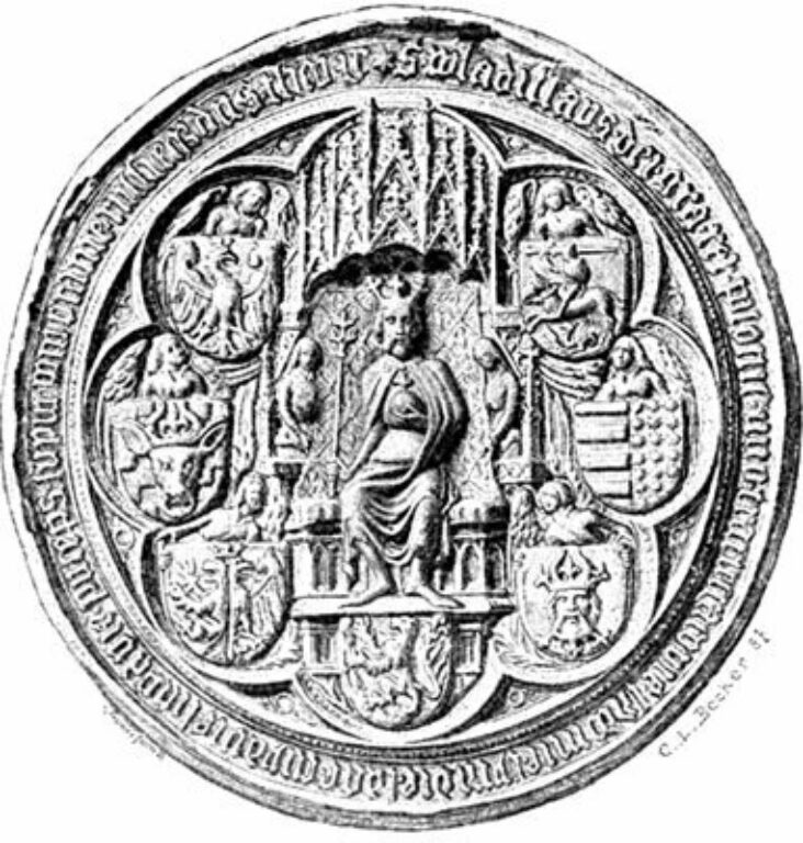 Герб Русской земли (лев, карабкающийся на скалу; щит под ногами короля) на печати польского короля Владислава II, Рубеж XIV-XV веков.
