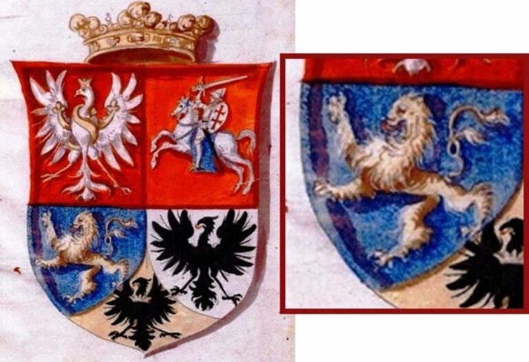 Герб Руси (золотой лев на синем) как часть большого герба польского короля Сигизмунда I. XVI в. Рисунок - Johann Gottfried Redinghoven, Wappenbuch