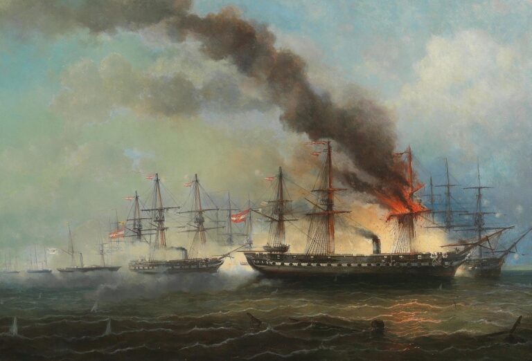 Морское сражение при Гельголанде, 1864 год. Ближайшие к нам - фрегаты «Шварценберг» (SMS Schwarzenberg) и «Радецкий» (SMS Radetzky).