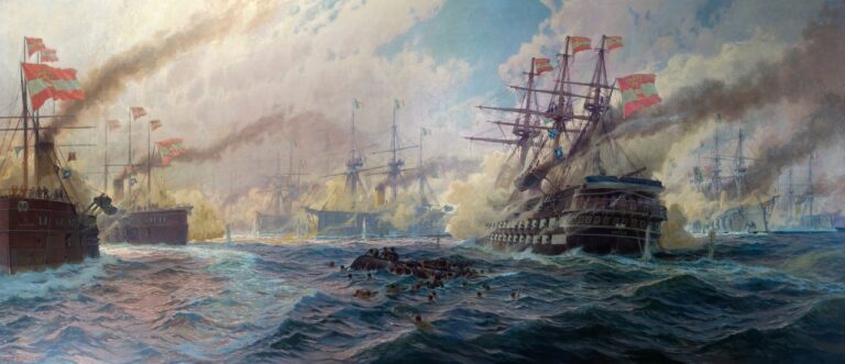 Морская битва при Лиссе. На переднем плане справа виден австрийский линейный корабль «Кайзер».