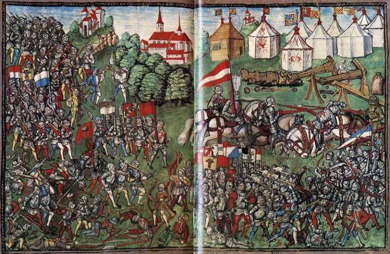 Миниатюра из рукописи 1515 г. из библиотеки Цюриха, изображающая битву при Грансоне. 