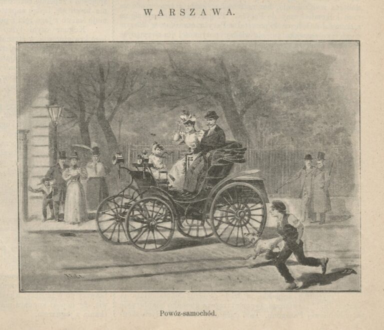 Изображение автомобиля Benz Victoria в Варшаве на рисунке художника Ксавери Пиллати скопировано с рекламы производителя и дополнено сюжетом. 1896 г.