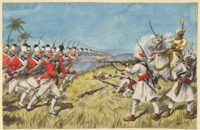 Европейский полк британской Ост-Индской компании в битве при Куддалоре, 1 июля 1783 г. Картина Ричарда Симкина. Военная коллекция университета Брауна
