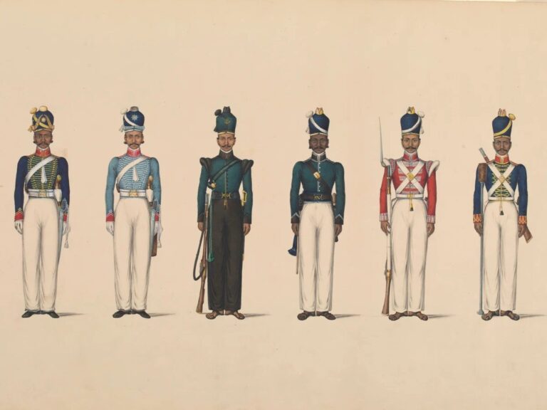 Слева направо: Мадрасская конная артиллерия, Мадрасская лёгкая кавалерия, Мадрасский стрелковый корпус, Мадрасские сапёры, Мадрасская туземная пехота, Мадрасская пешая артиллерия (рисунок 1830-х годов)
