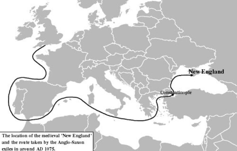 Местоположение средневековой «Новой Англии» и маршрут, который преодолели изгнанники англо-саксы около 1075 года от РХ. © C. R. Green.