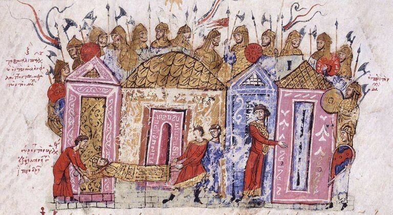 Гвардейцы-варяги в Константинополе, миниатюра из «Хроники» Скилицы. Источник: Wikimedia Commons.