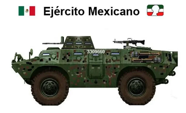 Мексиканский бронетранспортер DN-IV Caballo, оборудованный одноместной башней, вооруженной пулеметом и дополнительным пулеметом, установленным сзади на крыше корпуса