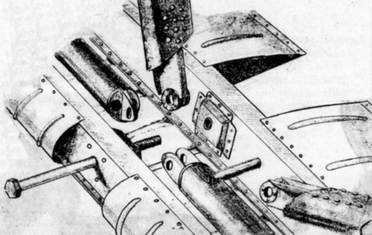 Средняя часть «шассийного крыла» и соединение половин траверсы раскосов основных опор шасси самолета И-3. Рисунок из книги: Маслов М. Первые истребители СССР – от И-1 до И-5