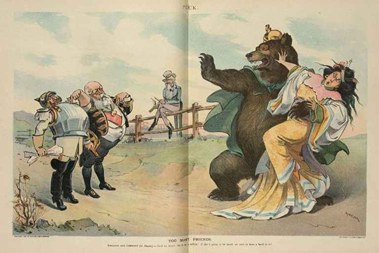 Карикатура из британской прессы. Женщина, олицетворяющая Китай, борется с русским медведем, в то время как немецкий император и британский дипломат упрашивают Россию не быть такой жадной, и поделиться с ними. Дядя Сэм сидит на заборе, строгая палку с надписью "НЕТ"