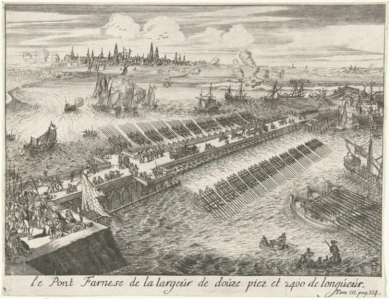 Противокорабельный мост, построенный испанцами при осаде Антверпена.