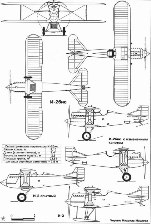 Общий вид различных модификаций самолета Григорович И-2. Чертеж разработал и выполнил М. Маслов