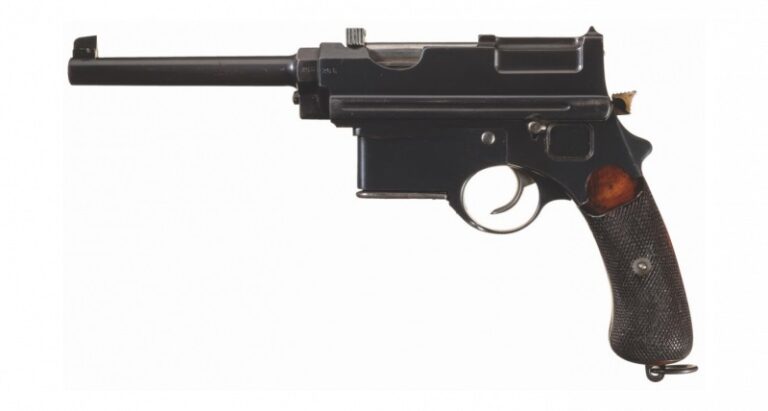 Ещё раз к вопросу о рычаге на пистолете «Манлихер» М1896 г.Вот он какой, «австрийский маузер» Манлихера. И впрямь похож. Вид слева. Фотография компании «Рок-Айлендский Аукцион»