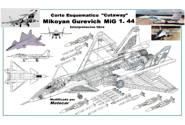 Предполагаемые общий вид и компоновка 2-го варианта самолета Микоян 1-42 в варианте с треугольным крылом и ЦПГО с «зубом», установленном на «надстройках». Изображенная на рисунке конфигурация носовой части соответствует построенному самолету 1-44, а в проекте имела большие длину и объем, также отличалась установка ПВД