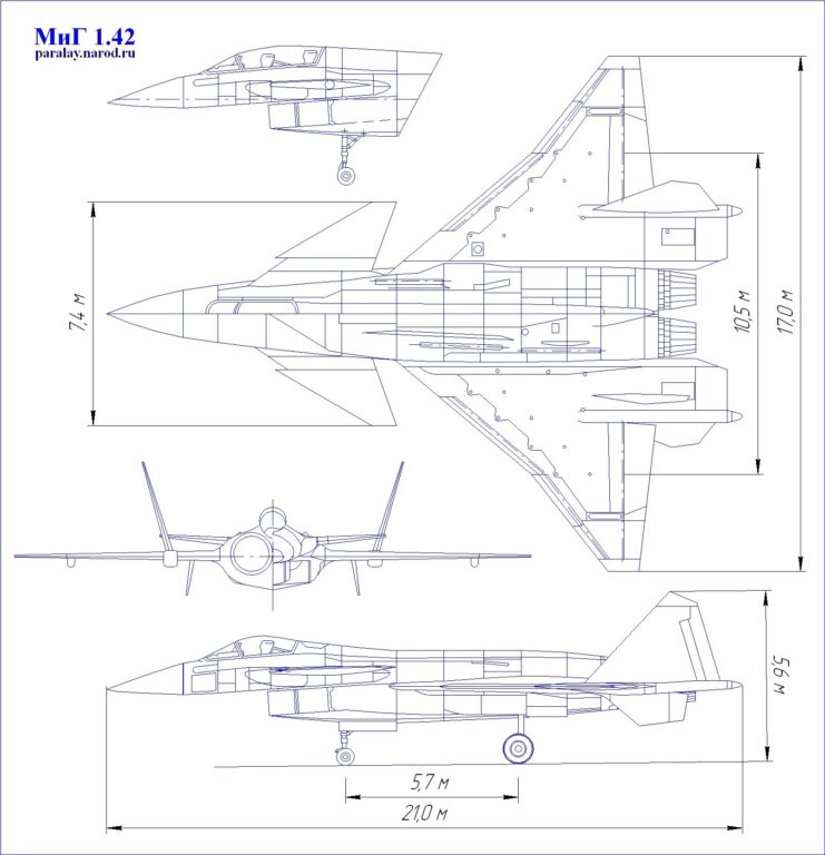Предполагаемый общий вид самолета Микоян 1-42 в варианте 3 с дельтовидным крылом и ЦПГО с «зубом», установленном на «надстройках» и носовая часть учебно-боевого варианта
