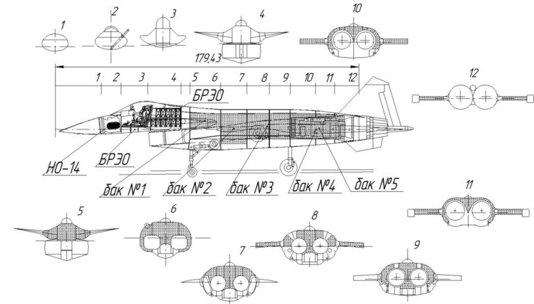 Предполагаемая конструкция самолета Микоян 1-42 в варианте 3 с дельтовидным крылом и ЦПГО с «зубом», установленном на «надстройках» и носовая часть учебно-боевого варианта