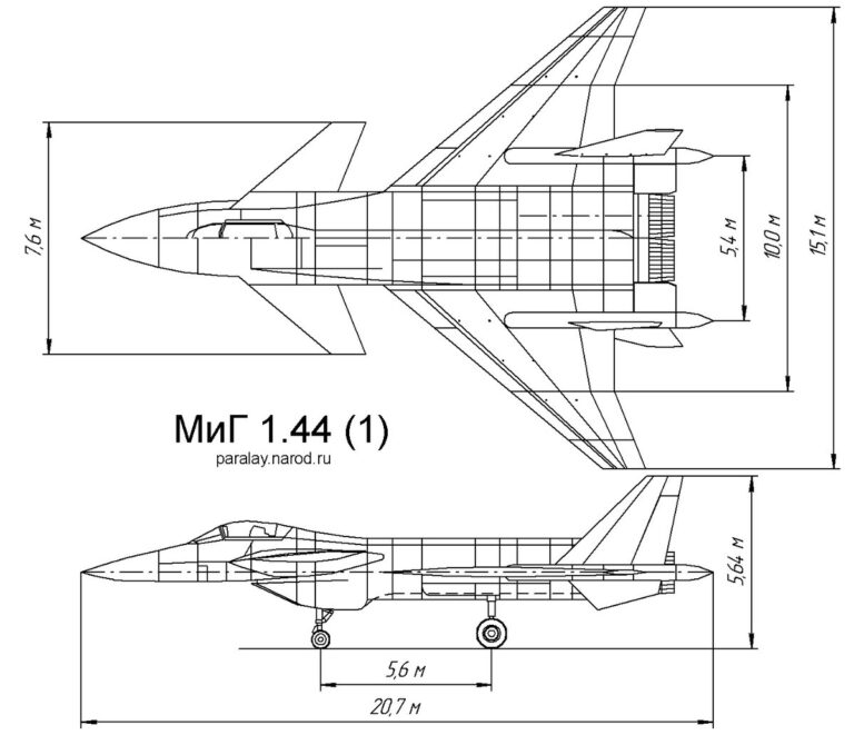 Предполагаемый общий вид самолета Микоян 1-42 в варианте 4 с крылом с постоянной стреловидностью по РК и переменной по ЗК, а также с ЦПГО без «зуба», установленном на «надстройках»