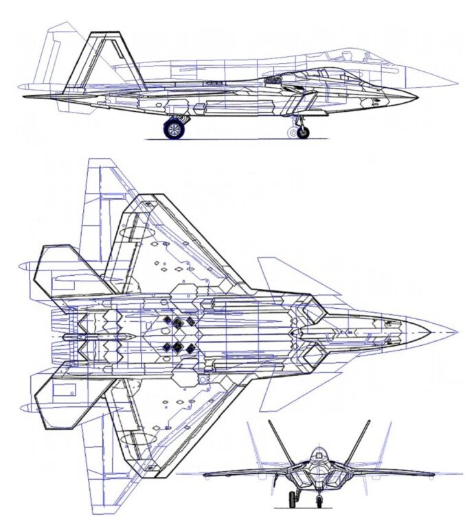 Сравнение размеров предполагаемого общего вида самолета Микоян 1-42 в варианте 4 с крылом с постоянной стреловидностью по РК и переменной по ЗК, а также с ЦПГО без «зуба», установленном на «надстройках» и серийного истребителя V поколения Lockheed Martin F-22A Raptor