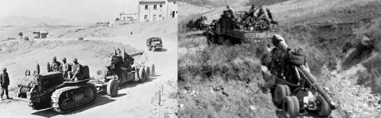 Оба фото сделаны на Сицилии в 1943 году и на обоих 155-мм орудие М1. Только в одном случае в качестве тягача выступает трактор, в другом его сменщик в этой роли – грузовик Mack NO. Хорошо видно, что за трактором едет грузовик, везущий расчёт орудия и боеприпасы. 1943 год стал переломным в плане использования тракторов в качестве арттягачей. Сицилийская операция стала последней операцией на Средиземноморском театре военных действий, где тракторы применялись американцами в качестве арттягачей.