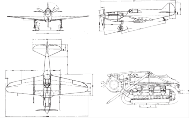 Общий вид истребителя И-301 в первом варианте проекта и вид справа на двигатель М-105ТК. Чертеж: Аверин А. Первый и последний. // «М-Хобби», №2, - 2022 г.