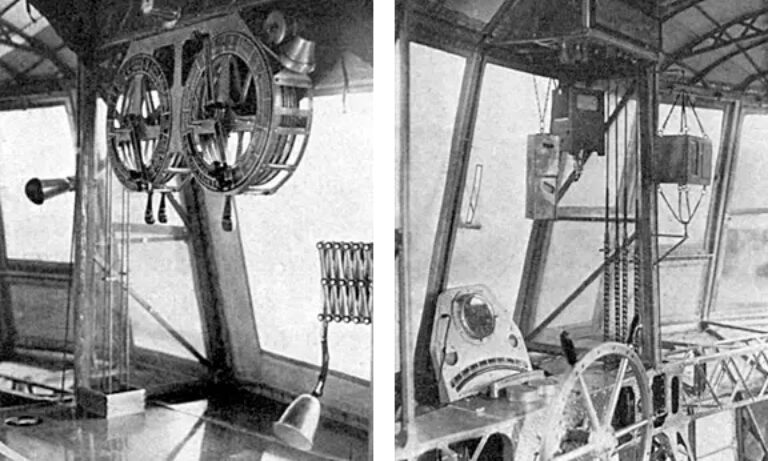 Стол телеграфистов и штурманов (слева) и стойка управления рулями и высотные навигационные приборы (справа)