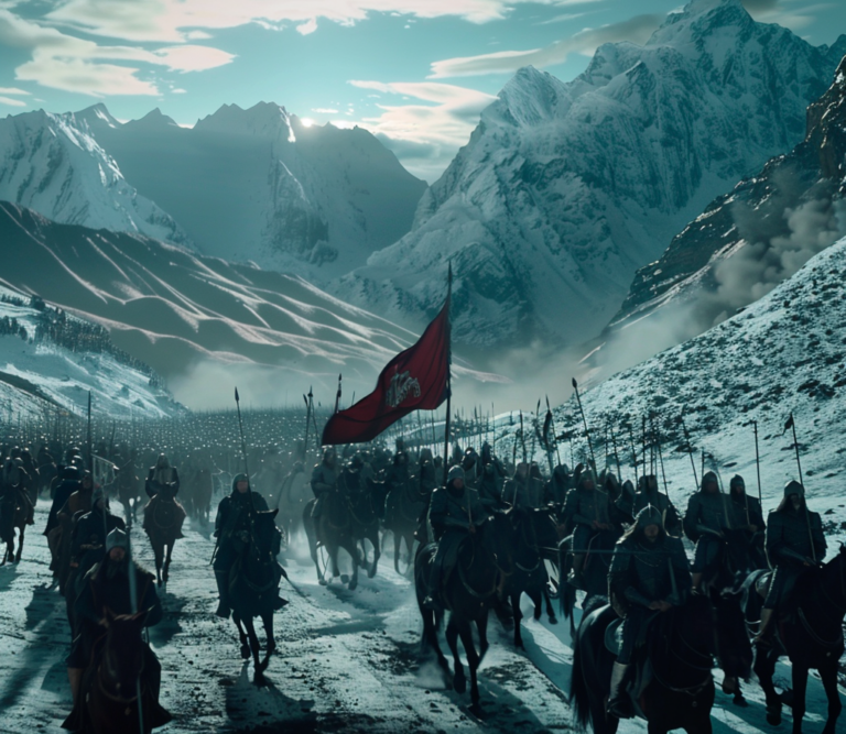 Карфагенская армия пересекает Альпы. Картина нейросети Миджорни