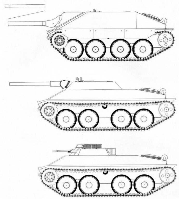 Проект истребителя танков Jagdpanzer 38 D и боевых машин на его базе: Jagdpanzer 38 D с 75-мм пушкой Рак 42 L/70 (вверху), разведывательный танк с 75-мм пушкой АК 7 В 84 L/48 в открытой рубке (в центре), и разведывательный танк с 20-мм пушкой и пулеметом в башне от бронемашины Sd. Kfz. 234/1 (внизу)
