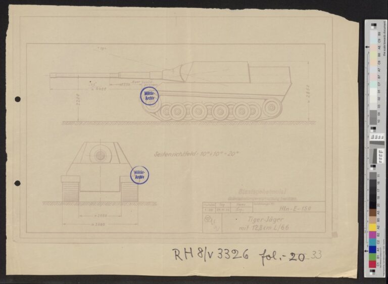 Jagdtiger, перевооружённый на орудие 12.8 cm KwK L/66 в увеличенной рубке. Источник: RH 8/3326, Bundesarchiv
