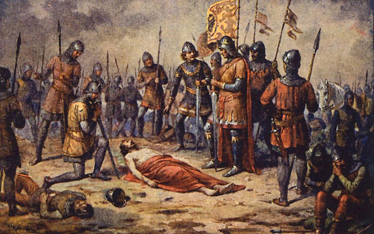 Пржемысл Отакар II стоит над телом погибшего Рудольфа Габсбурга после сражения при Мархфельде