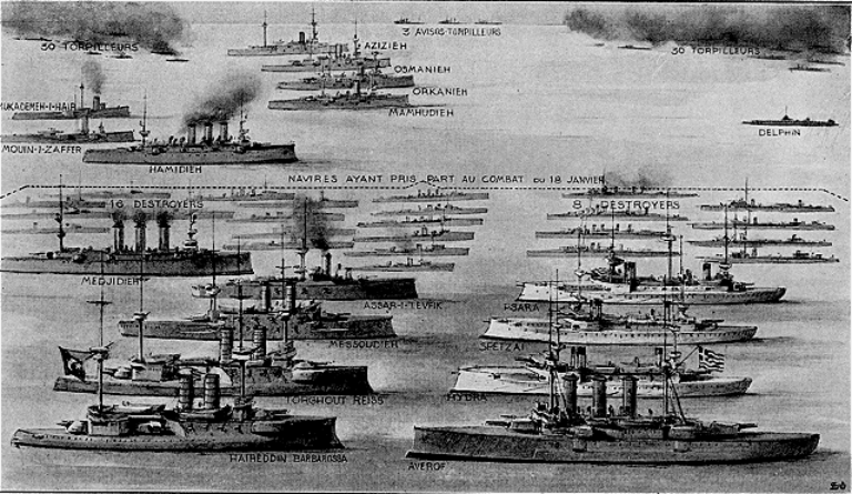 Сравнение Османского и Греческого флотов в 1912 году; «Месудие» — третий снизу корабль с османской стороны

