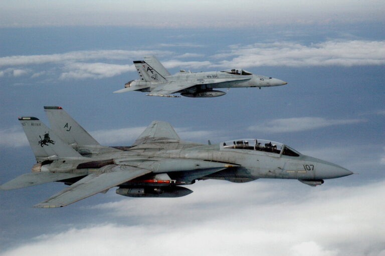 Тяжёлый "Томкэт" (F-14D) со своим тогда ещё "младшим братом" - лёгким F/A-18A (район Нового Орлеана, 09.12.2004, navy.mil)