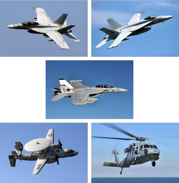 Типовой состав  авиакрыла (CVW)  авианосца  ВМС США  в самом  недалёком будущем  (обозначения эскадрилий  - реальные, номера - условные) - легко заметить, что самолёты семейства "Супер Хорнет" составляют около 75% от общей численности ЛА: VFA-1 - 12 х F/A-18F, VFA-2 - 12 х F/A-18E, VFA-3 - 12 х F/A-18E, VFA-4 - 12 х F/A-18E, VAQ-5 - 4 х EA-18G, VAW-6 - 4 х E-2C/D, HSC/HSM-7 - 12-16 х MH-60S/R