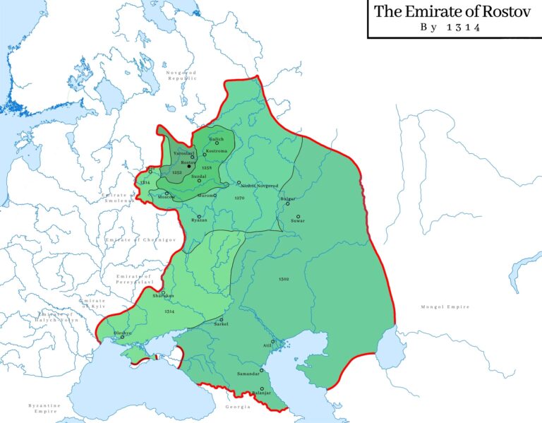 Карта Ростовского эмирата с территориями, которые в него вошли и годами, когда они были присоединены в рамках Русско-Монгольской войны